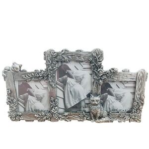 Vintage Sanwa Pewter Cat Triple Photo Frame Ornate Cottagecore Kitsch